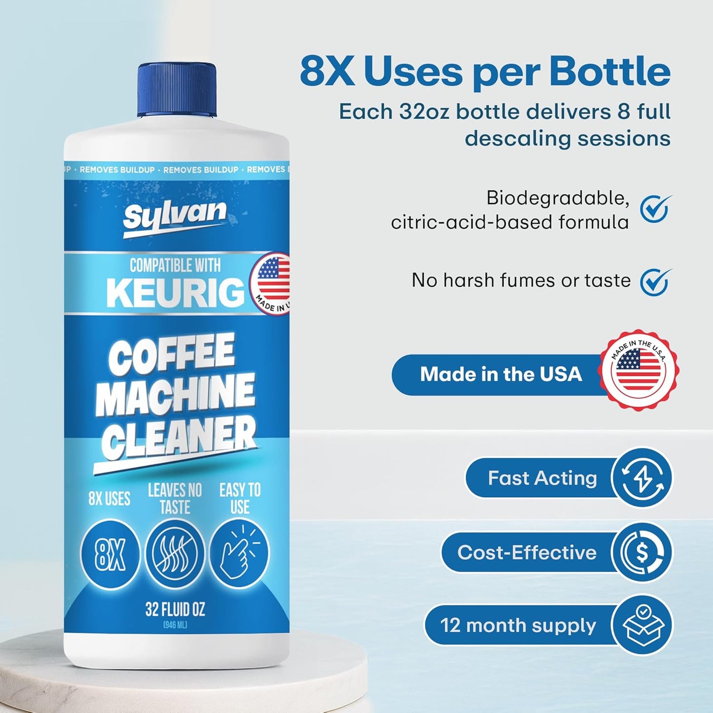 Coffee Machine Cleaner (32 Oz.) - Compatible with Keurig + Free Barista Cloth