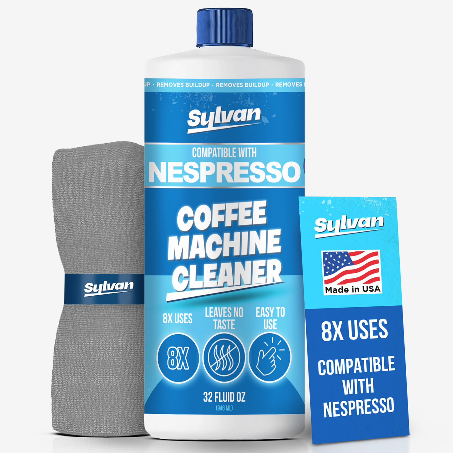 Coffee Machine Cleaner (32 Oz.) - Compatible with Nespresso Vertuo + Free Barista Cloth