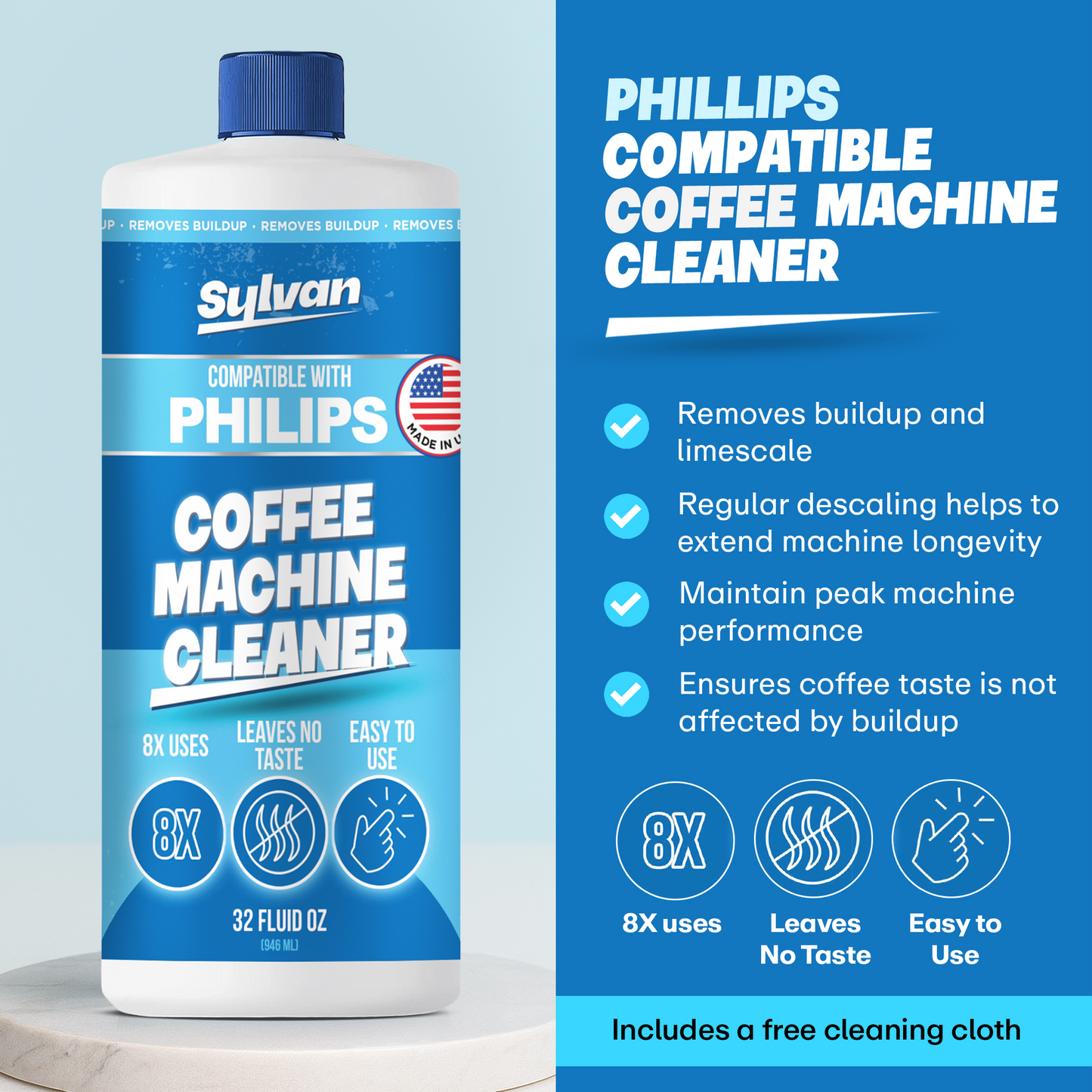 Coffee Machine Cleaner (32 Oz.) - Compatible with Philips Saeco + Free Barista Cloth