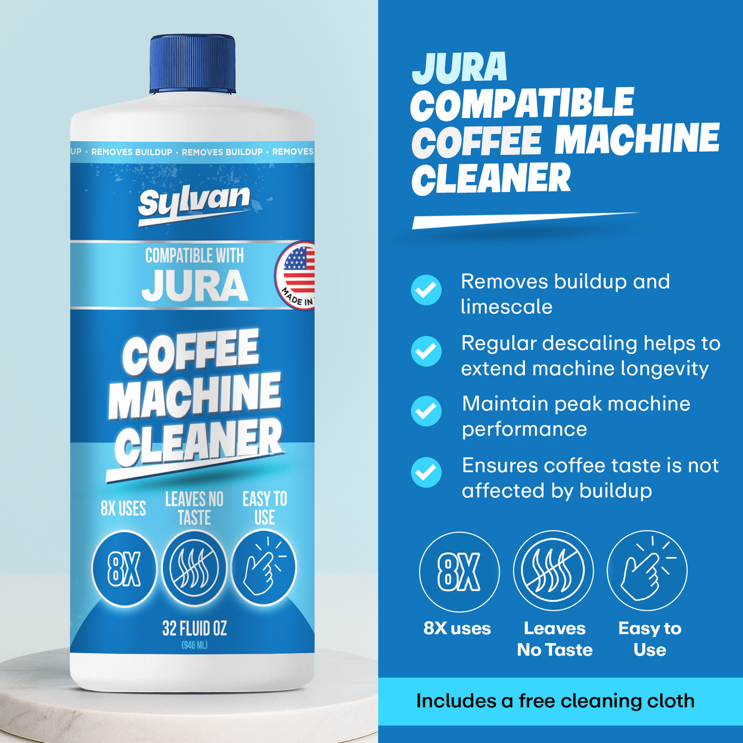 Coffee Machine Cleaner (32 Oz.) - Compatible with Jura + Free Barista Cloth