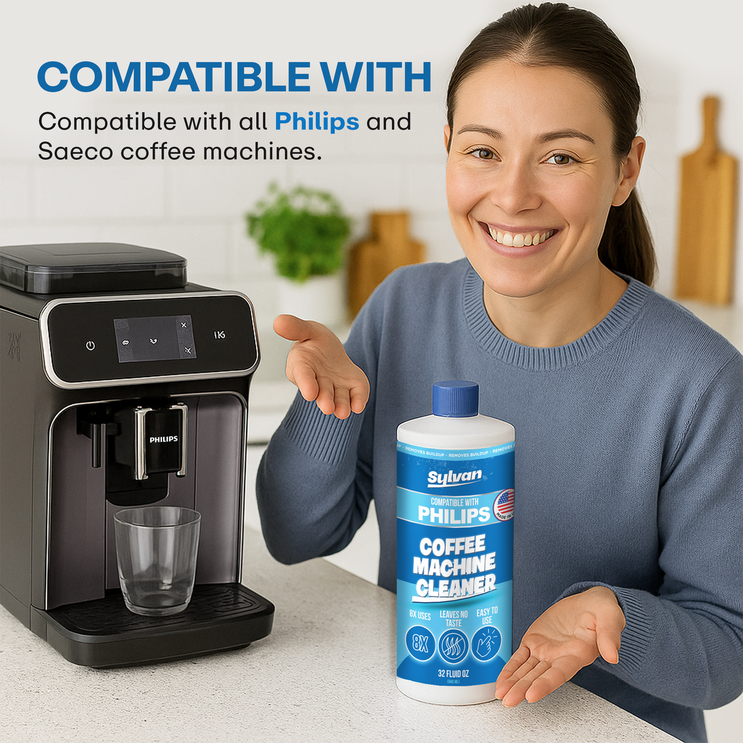 Coffee Machine Cleaner (32 Oz.) - Compatible with Philips Saeco + Free Barista Cloth