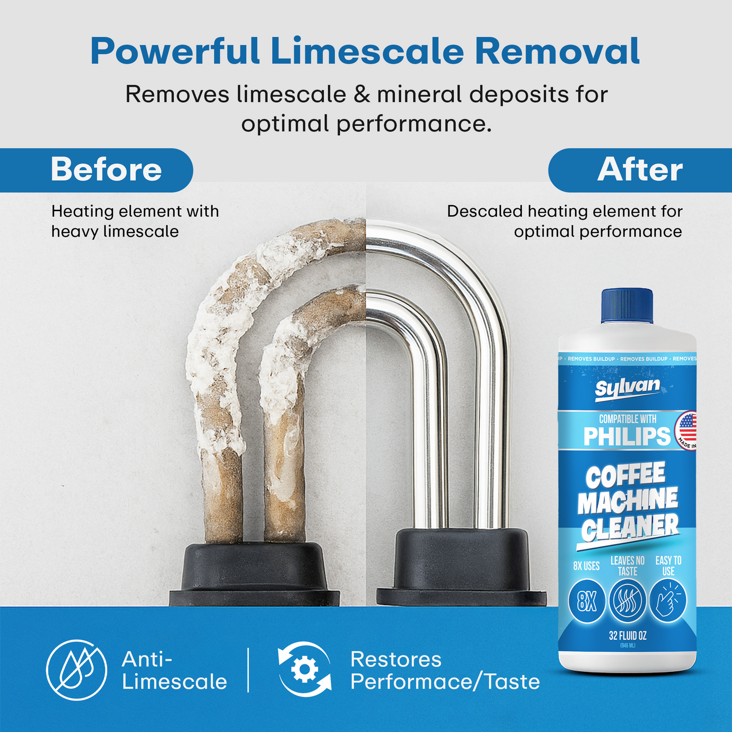 Coffee Machine Cleaner (32 Oz.) - Compatible with Philips Saeco + Free Barista Cloth