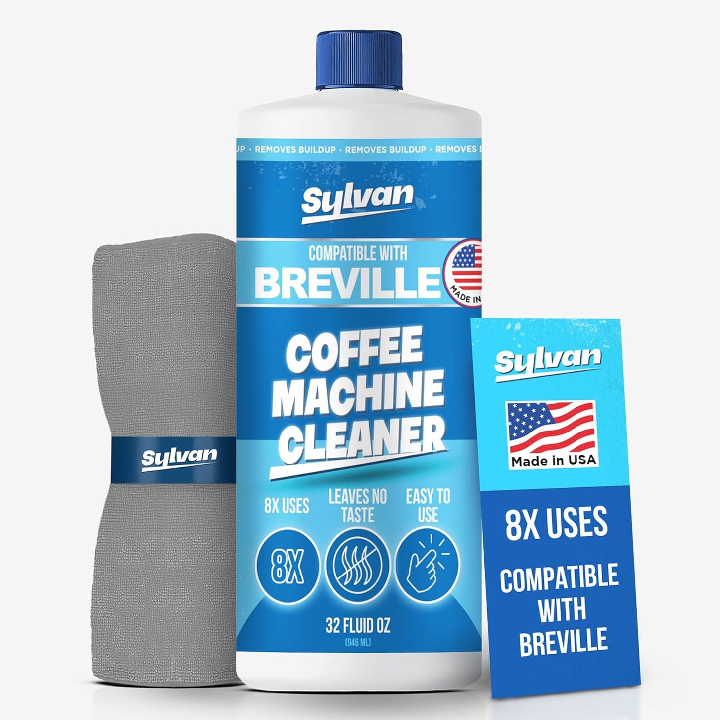 Coffee Machine Cleaner (32 Oz.) - Compatible with Breville + Free Barista Cloth