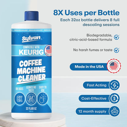 Coffee Machine Cleaner (32 Oz.) - Compatible with Keurig + Free Barista Cloth