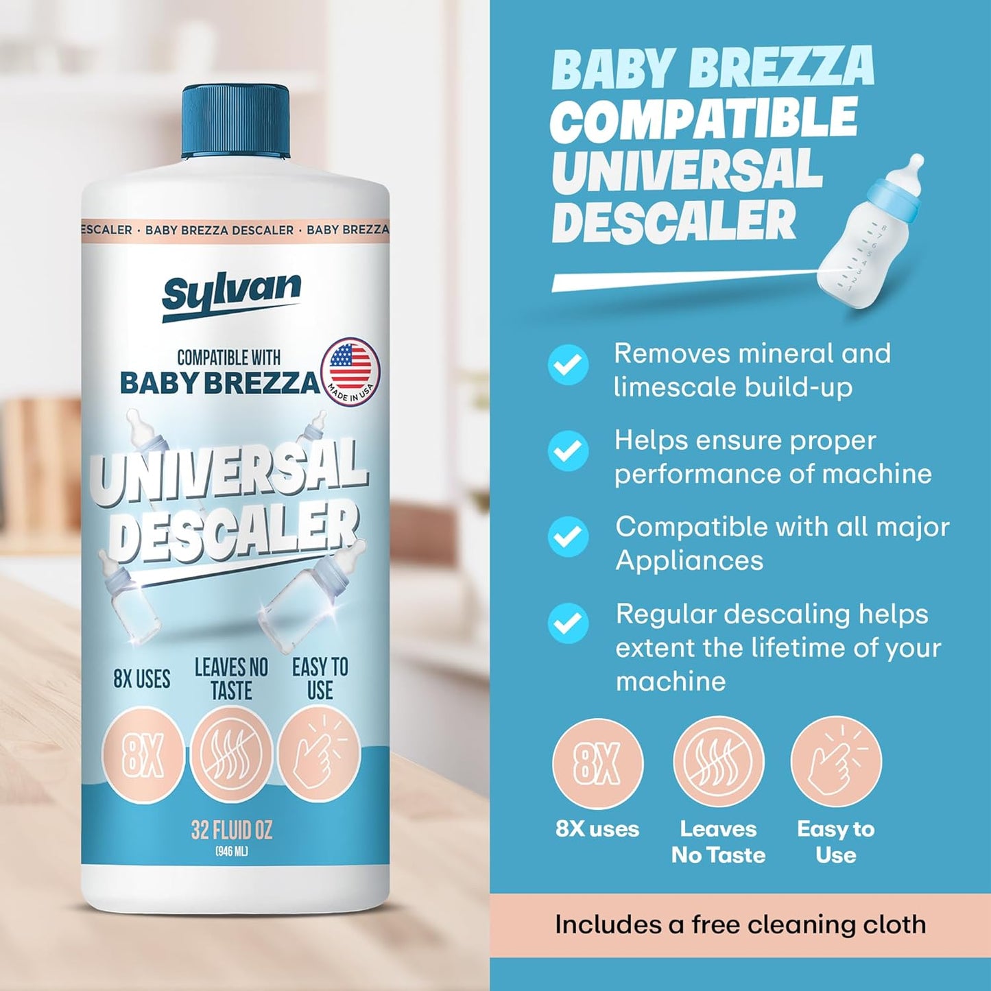 Descaler Compatible with Baby Brezza Machines (32 Oz) + Free Cloth