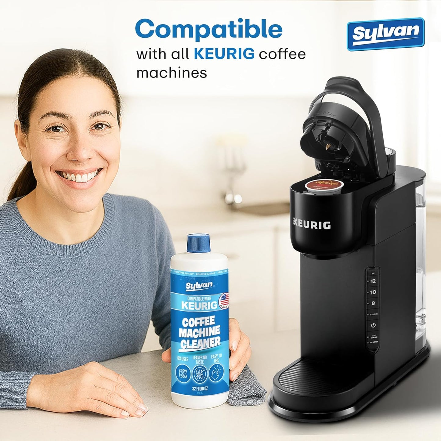 Coffee Machine Cleaner (32 Oz.) - Compatible with Keurig + Free Barista Cloth