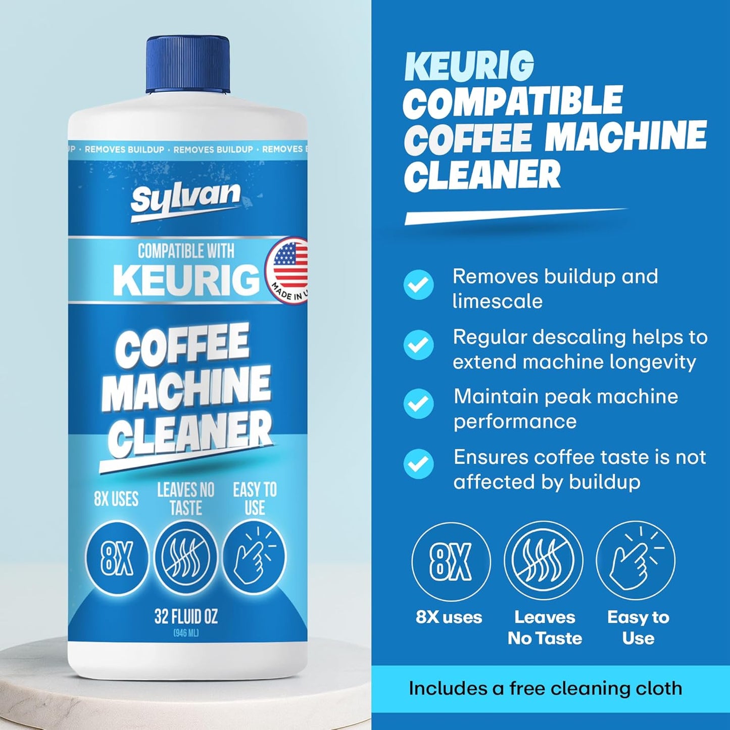 Coffee Machine Cleaner (32 Oz.) - Compatible with Keurig + Free Barista Cloth