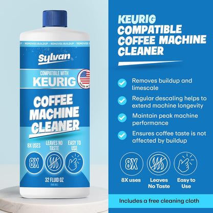 Coffee Machine Cleaner (32 Oz.) - Compatible with Keurig + Free Barista Cloth