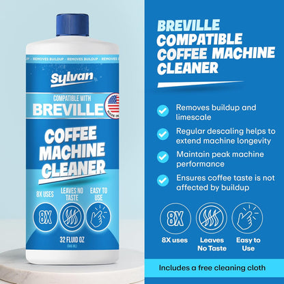 Coffee Machine Cleaner (32 Oz.) - Compatible with Breville + Free Barista Cloth