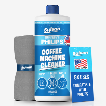 Coffee Machine Cleaner (32 Oz.) - Compatible with Philips Saeco + Free Barista Cloth