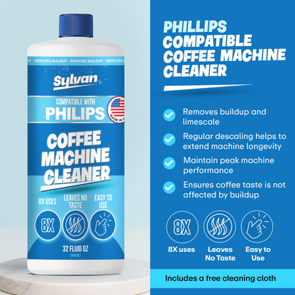 Coffee Machine Cleaner (32 Oz.) - Compatible with Philips Saeco + Free Barista Cloth