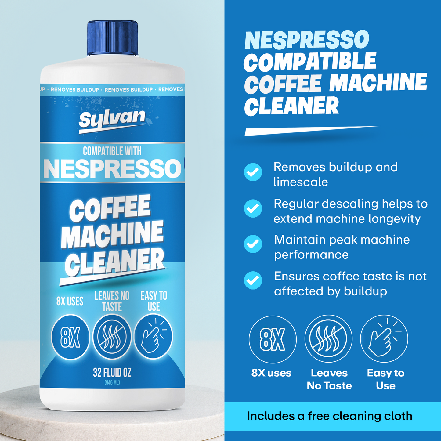 Coffee Machine Cleaner (32 Oz.) - Compatible with Nespresso Vertuo + Free Barista Cloth