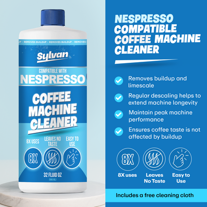 Coffee Machine Cleaner (32 Oz.) - Compatible with Nespresso Vertuo + Free Barista Cloth