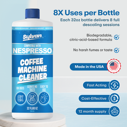 Coffee Machine Cleaner (32 Oz.) - Compatible with Nespresso Vertuo + Free Barista Cloth
